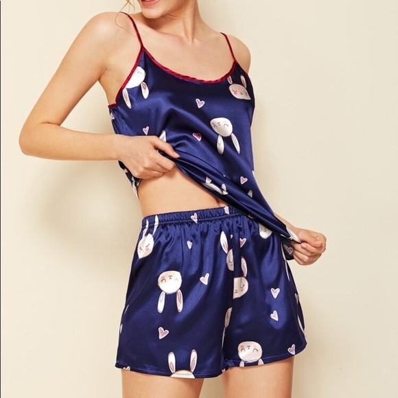 New Navy Blue Satin Silk-Like Bunny Pajama Set - Picture 5 of 6